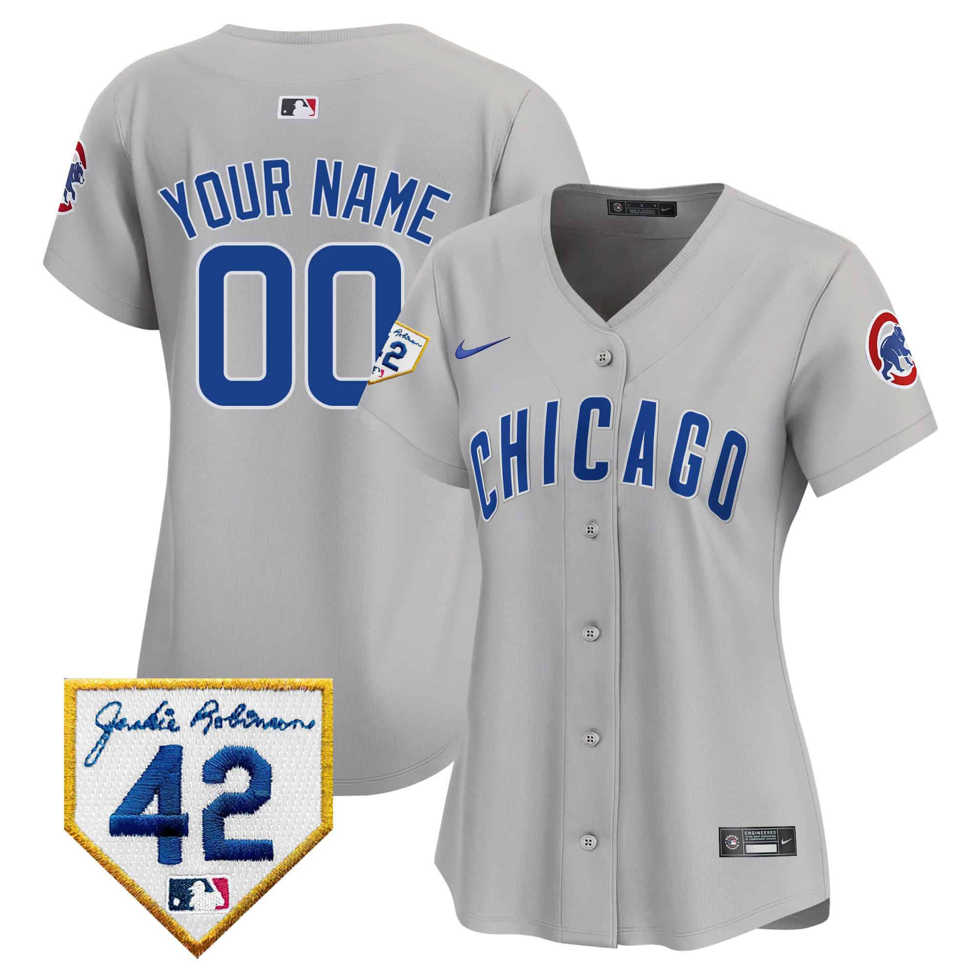 Women Chicago Cubs Grey Nike 2024 Jackie Robinson Patch Vapor Premier Limited Custom MLB Jersey->->